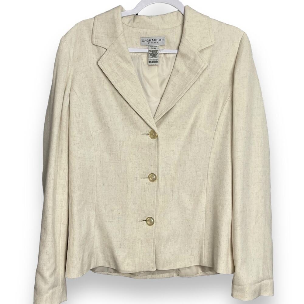 Sag Harbor Blazer Jacket Women's 10 Ivory White Linen Blend Business Casual NEW